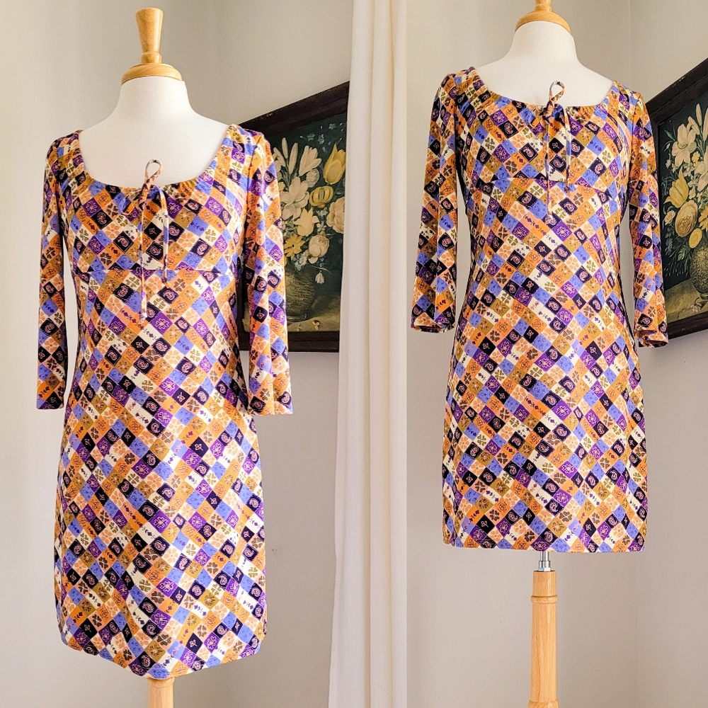 Y2K Patchwork Print Tie Scoop Neck 3/4 Sleeve Vintage Tie Waist Mini Dress